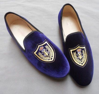 Disesuaikan Men Broded Velvet Loafers Slip On Blue Velvet Slippers