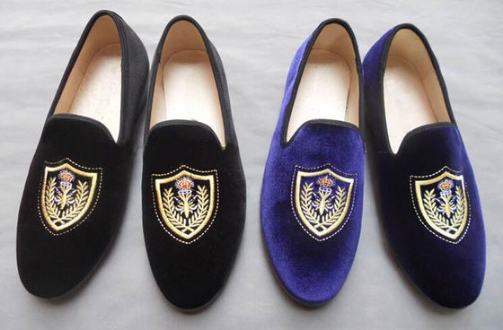 Disesuaikan Men Broded Velvet Loafers Slip On Blue Velvet Slippers