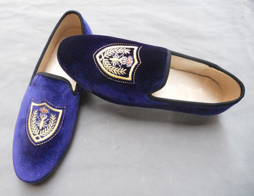 Disesuaikan Men Broded Velvet Loafers Slip On Blue Velvet Slippers