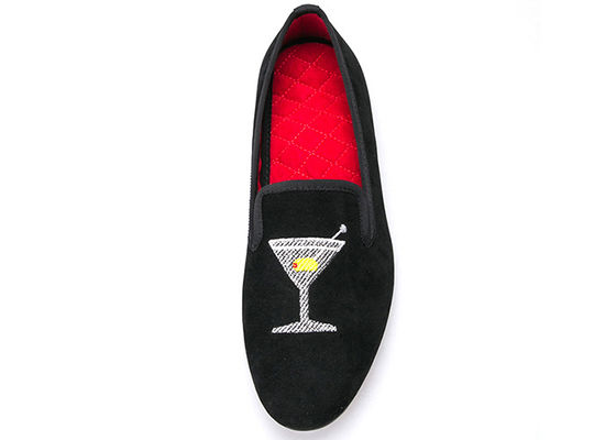 Bordir Pria Velvet Loafers Pria Hitam Smoking Slippers Dengan Desain Kaca Anggur