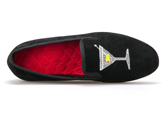 Bordir Pria Velvet Loafers Pria Hitam Smoking Slippers Dengan Desain Kaca Anggur