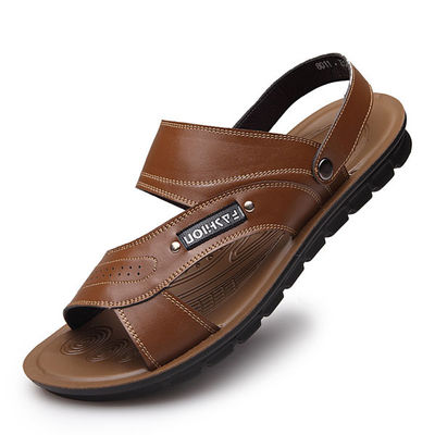 Sandal musim panas kulit pria cokelat, Sandal bawah lembut kasual