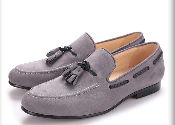 Men Handmade Black Velvet Shoes, Tassel British Style Grey Casual Dress Shoes
