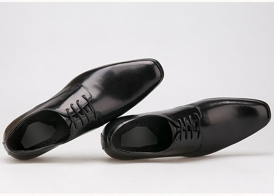 Kulit sapi atas renda sepatu Derby, tumit datar lembut pria hitam formal sepatu