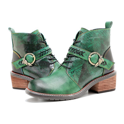 Gaya Retro Casual Boots Kulit Wanita Sepatu rendah Sepatu bulat