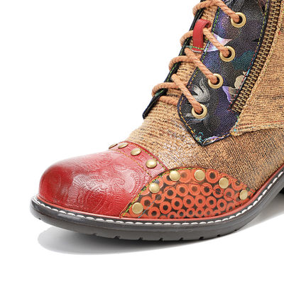 Bot Kulit Wanita Brown Low Heel Wanita Lace Up Ankle Boots