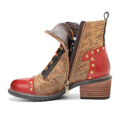 Bot Kulit Wanita Brown Low Heel Wanita Lace Up Ankle Boots