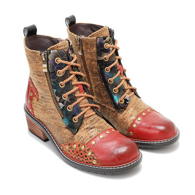Bot Kulit Wanita Brown Low Heel Wanita Lace Up Ankle Boots