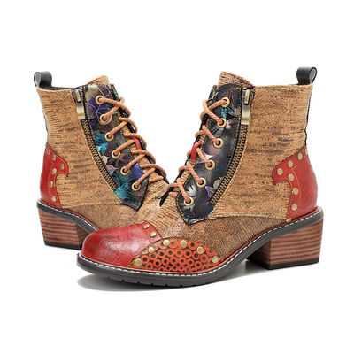 Bot Kulit Wanita Brown Low Heel Wanita Lace Up Ankle Boots