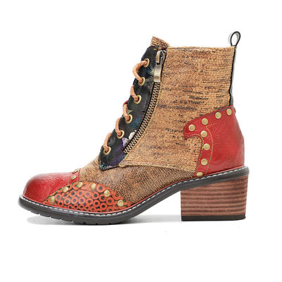 Bot Kulit Wanita Brown Low Heel Wanita Lace Up Ankle Boots