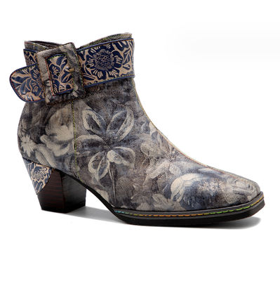Genuine Leather Floral Cowgirl Boots Wanita Square Toe Ankle Boots