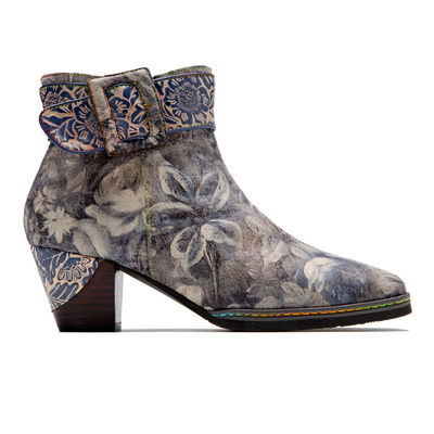 Genuine Leather Floral Cowgirl Boots Wanita Square Toe Ankle Boots