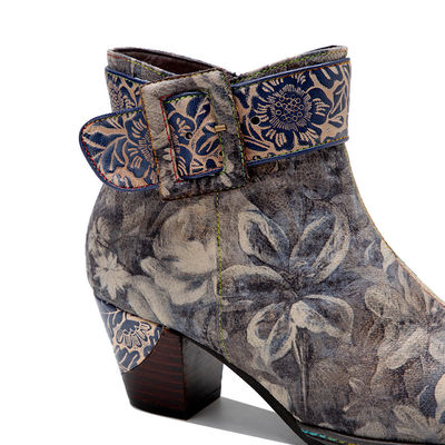 Genuine Leather Floral Cowgirl Boots Wanita Square Toe Ankle Boots