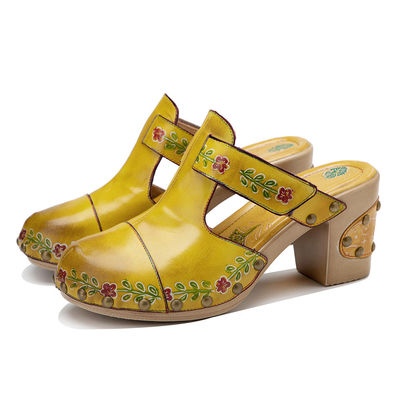Kuning Fashion Wanita Sandal Bunga T-Strap Wanita Kulit Clogs Sandal