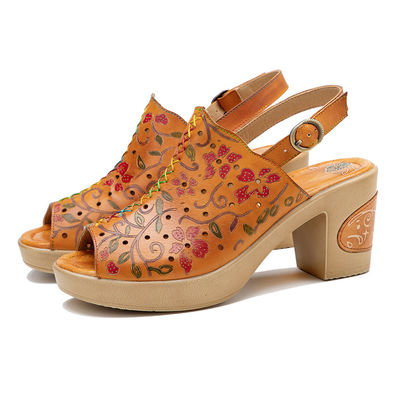Fashion Bohemian Sandal Wanita Oranye Kulit Blok Sandal tumit