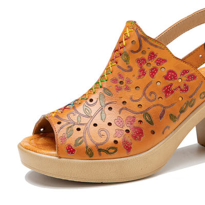 Fashion Bohemian Sandal Wanita Oranye Kulit Blok Sandal tumit