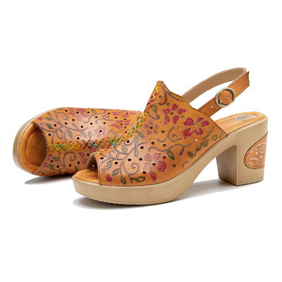 Fashion Bohemian Sandal Wanita Oranye Kulit Blok Sandal tumit
