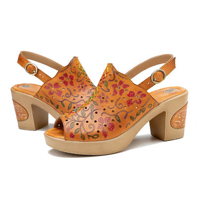 Fashion Bohemian Sandal Wanita Oranye Kulit Blok Sandal tumit