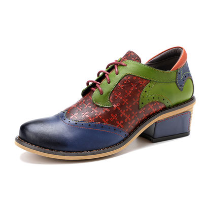 Fashion Pakaian Wanita Sepatu Berujung Jari Jempol Berwarna-warni Sepatu Vintage Kulit