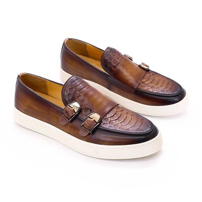Pria dengan tumit rendah kaki bulat Slip On Sneakers, tekstur buaya Kulit kuda Loafers