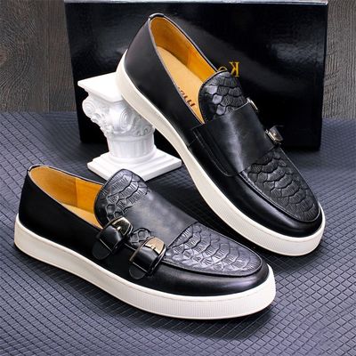 Pria dengan tumit rendah kaki bulat Slip On Sneakers, tekstur buaya Kulit kuda Loafers