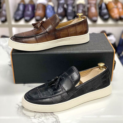 Sepatu pria tumit rendah Slip On Tassel Hitam / cokelat Pria Kulit asli Sepatu santai