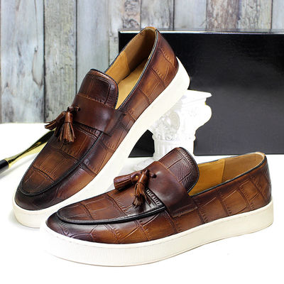 Sepatu pria tumit rendah Slip On Tassel Hitam / cokelat Pria Kulit asli Sepatu santai
