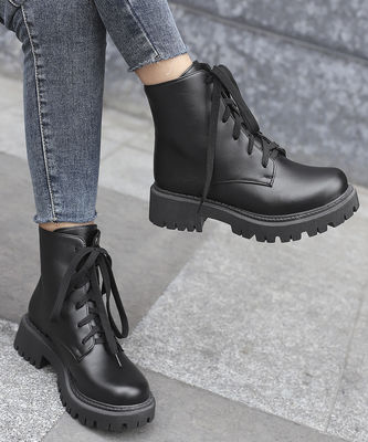 Karet Sol Boots Kulit Wanita Hitam Military Style Boots untuk Standar