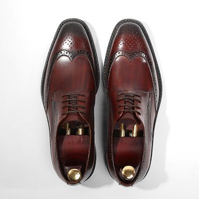 Derby Style Pria Brown Lace Up Shoes Flat Pria Woven Kulit Slip On Sepatu