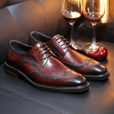 Derby Style Pria Brown Lace Up Shoes Flat Pria Woven Kulit Slip On Sepatu