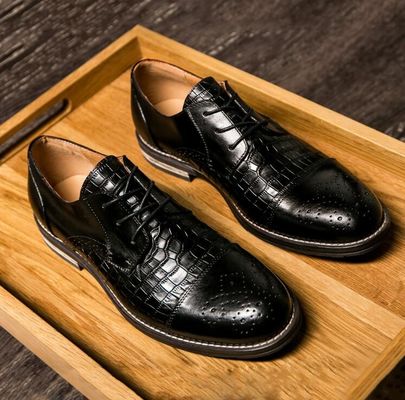 Sepatu Kulit Buaya Patina untuk Pria, Brogue Wingtips Sepatu Pria Kulit Eksotik