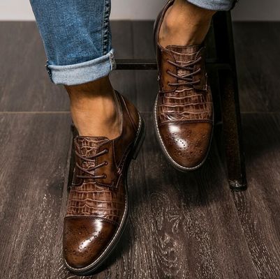 Sepatu Kulit Buaya Patina untuk Pria, Brogue Wingtips Sepatu Pria Kulit Eksotik