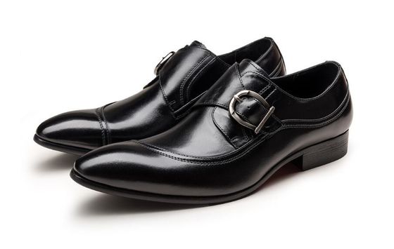 Round Toe Hitam Derby Pria Kulit Pakaian Sepatu Dengan Buckle Perjamuan Oxford