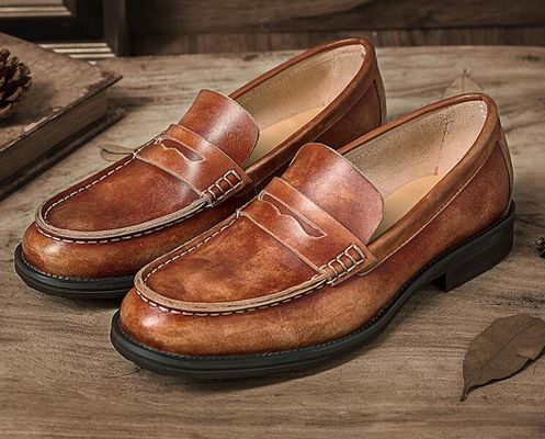 Pria Bernafas Brown Penny Loafers, Sepatu Loafer Kulit Asli