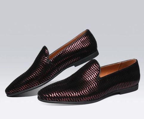 Brown Italian Leather Loafers Men Woven Leather Loafers dengan Pola Gelombang