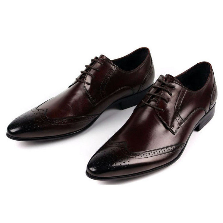 Pria Full Grain Kulit Sepatu Bergaya Desain Brogue Pria Men Pointed Formal Dress Sepatu