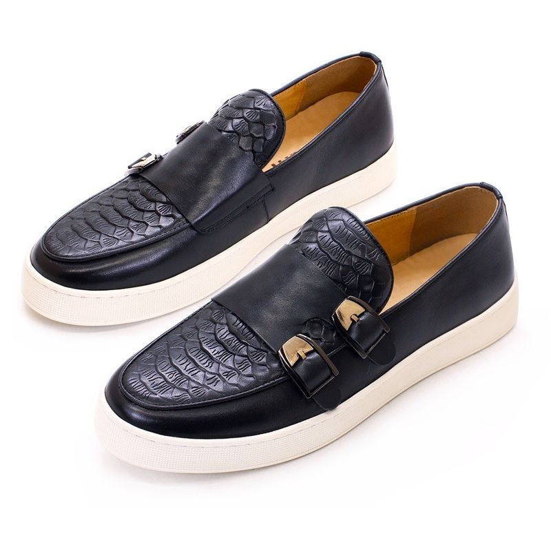 Pria dengan tumit rendah kaki bulat Slip On Sneakers, tekstur buaya Kulit kuda Loafers