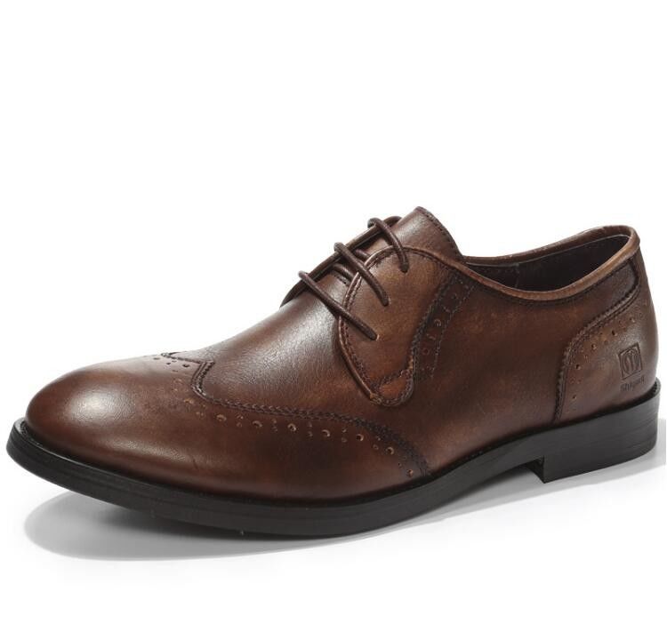Full Grain Kulit Pria sepatu gaun, renda ke atas menunjuk kaki Pria Casual Oxford sepatu